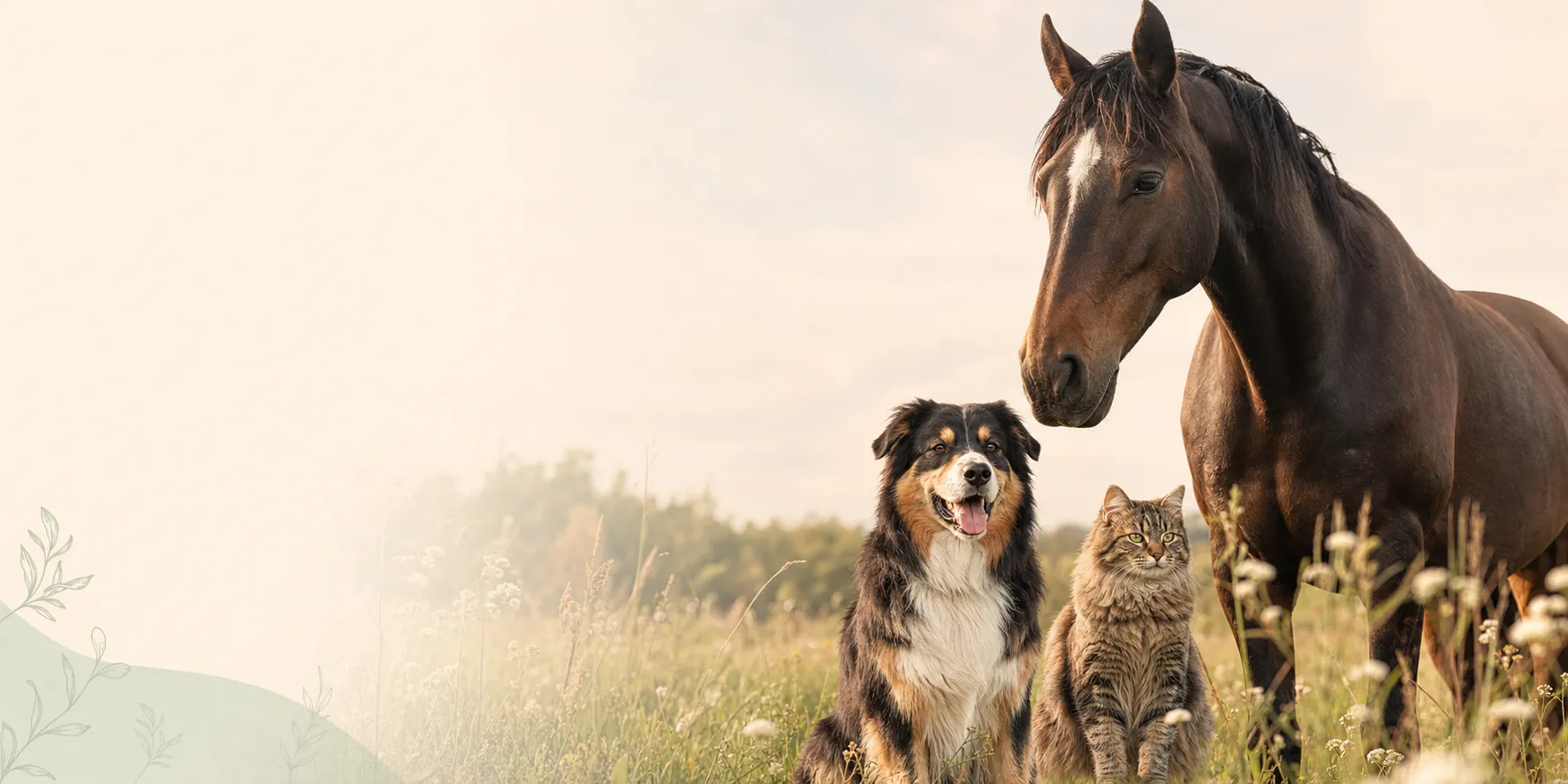 Hund, Katze und Pferd gemeinsam auf einer Wiese
